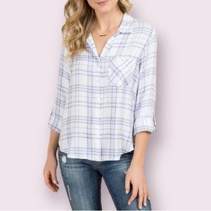 Blue Rain Pleated Back Button Down Top in White, Purple and Pink Plaid